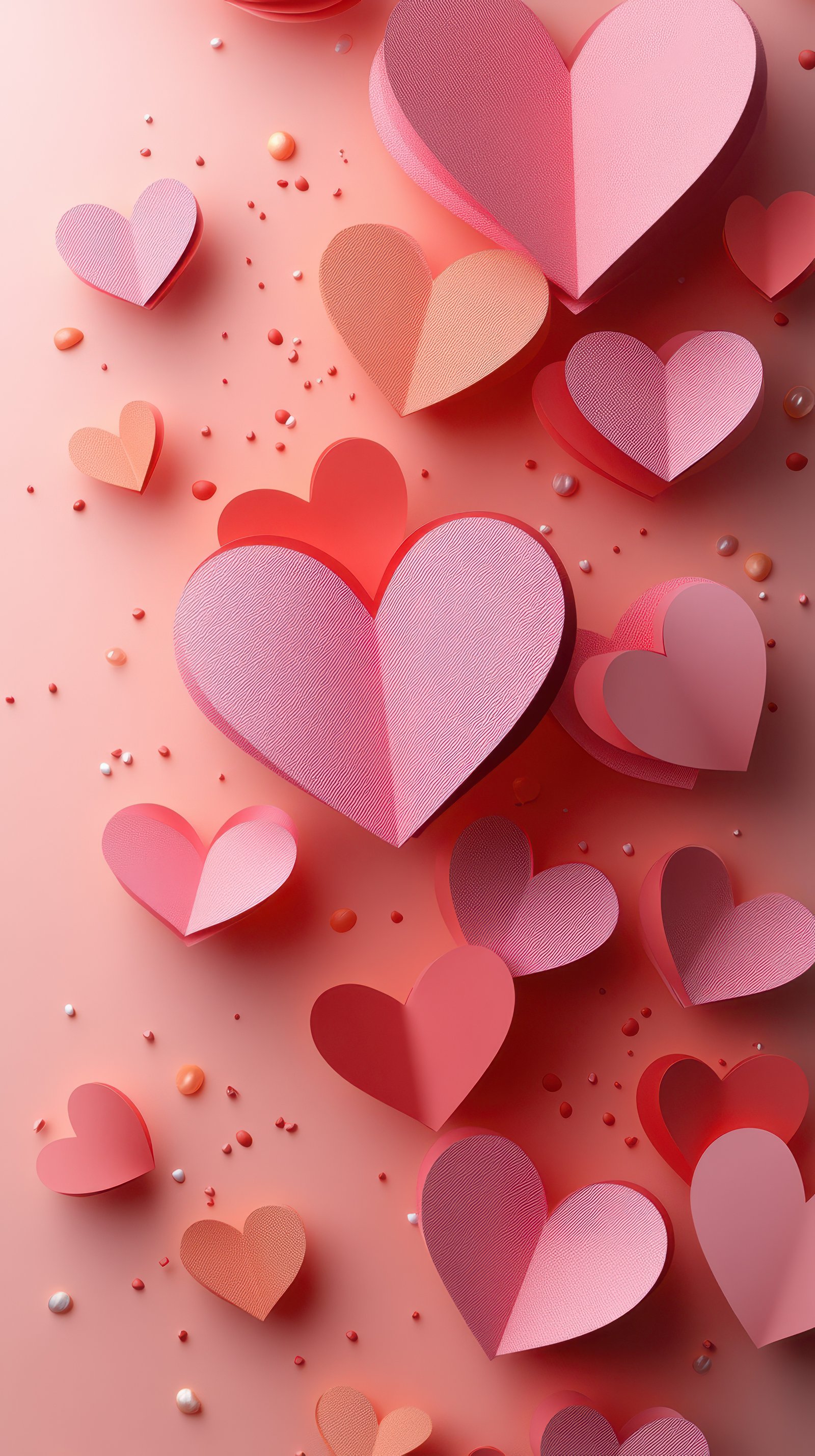 Colorful paper hearts scattered on a soft pink background for romantic decorations and celebrations